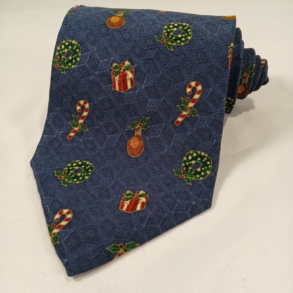 Joseph A. Bank Corporate Collection Blue Tie Christmas Themed Pattern 57" x 3.75